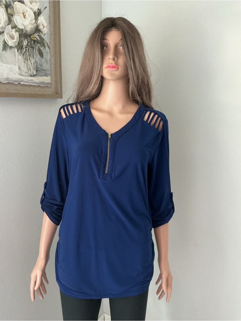 Sweet Wanderer Navy Zip-Front Cutout-Shoulder top
